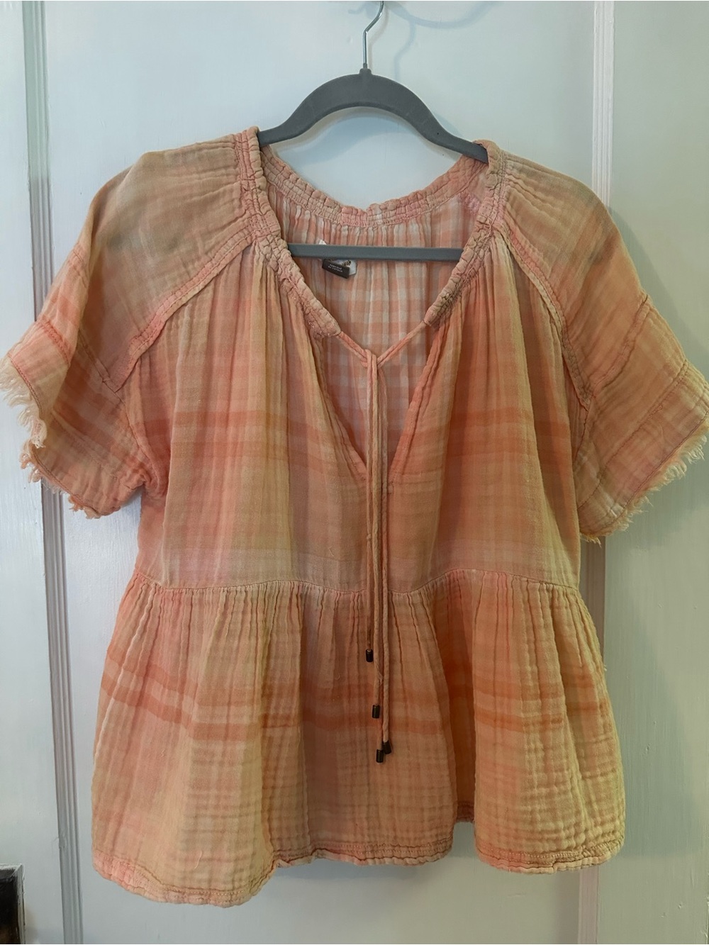 Anthropologie Peach Plaid Tie-Neck Peasant Tunic